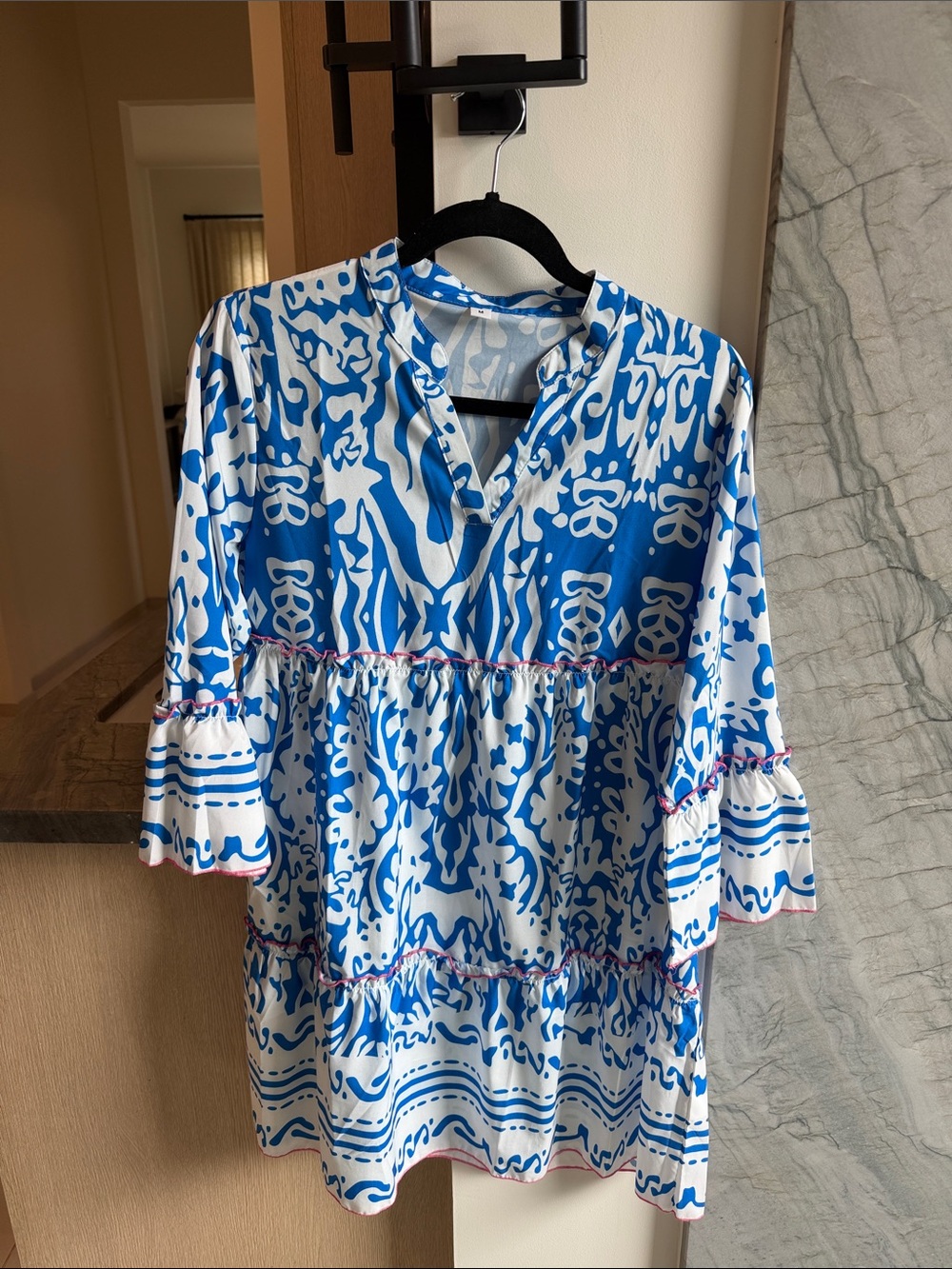 Blue and White Tunic Dress with Abstract Print